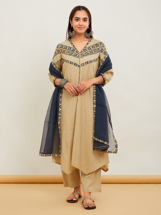 Beige Ajrakh Patch Work Cotton Suit- Set of 3