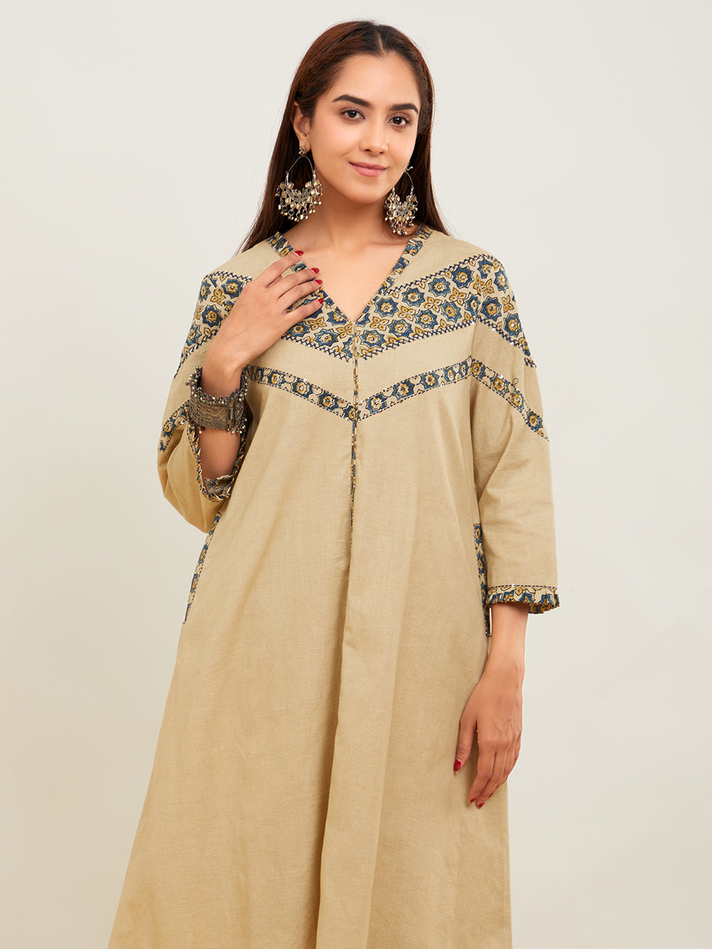Beige Ajrakh Patch Work Cotton Suit- Set of 3