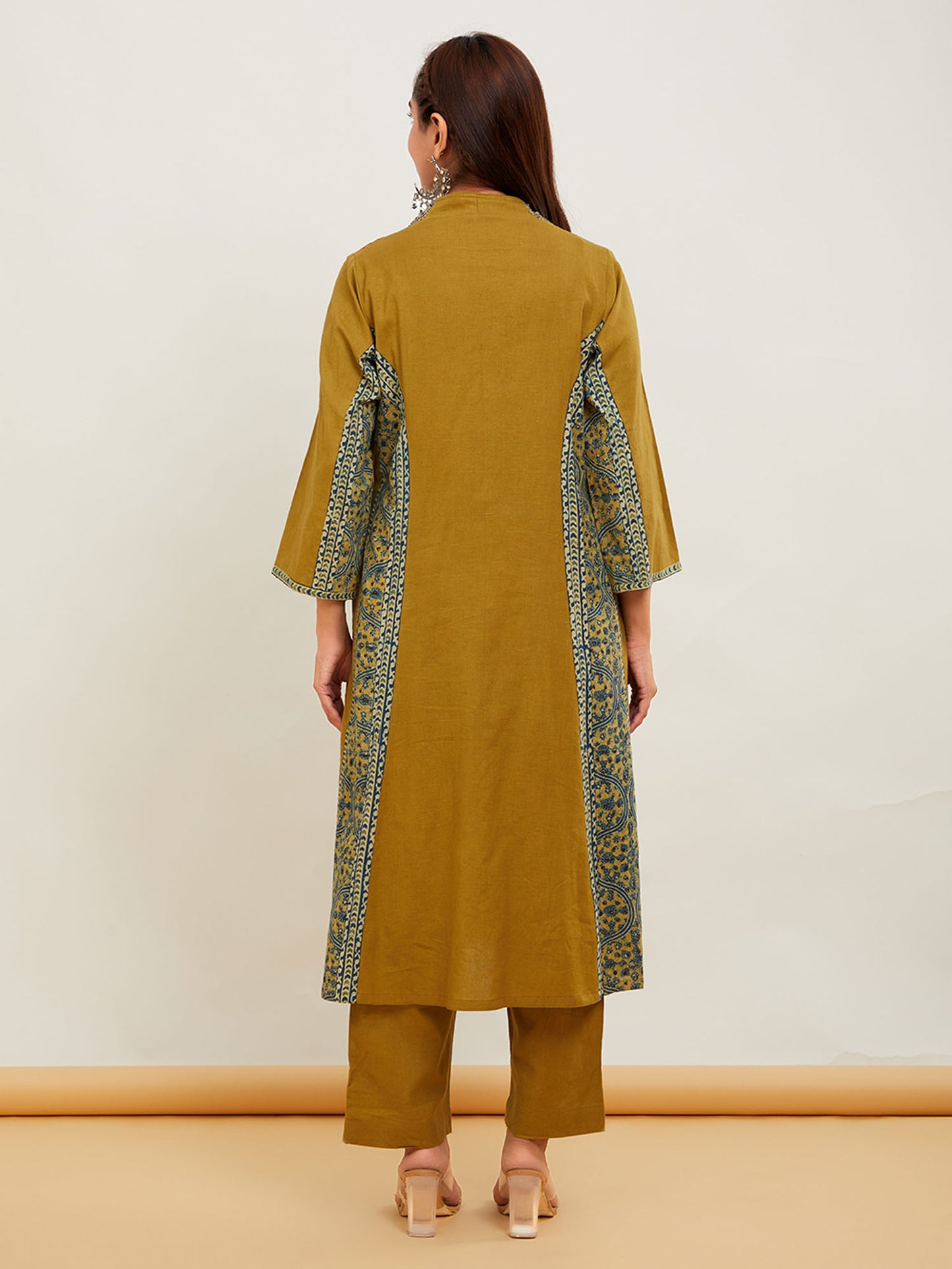 Green Ajrakh Patch Work Cotton Kurta with Pants- Set of 2