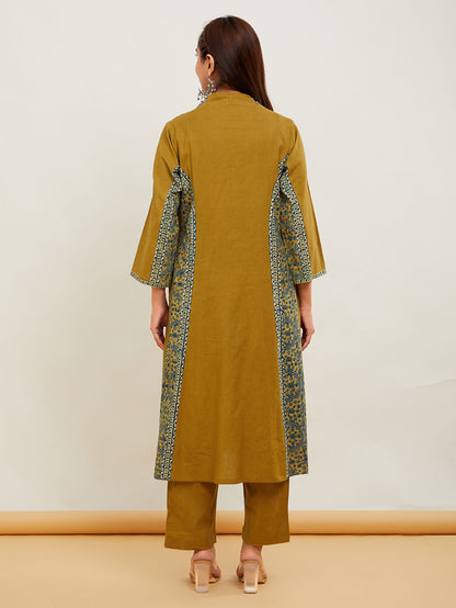Green Ajrakh Patch Work Cotton Kurta with Pants- Set of 2