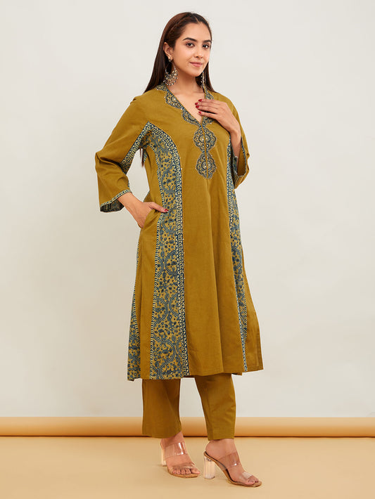 Green Ajrakh Patch Work Cotton Kurta with Pants- Set of 2