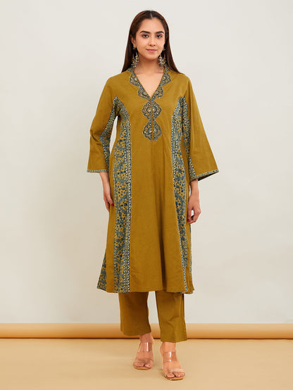 Green Ajrakh Patch Work Cotton Kurta with Pants- Set of 2