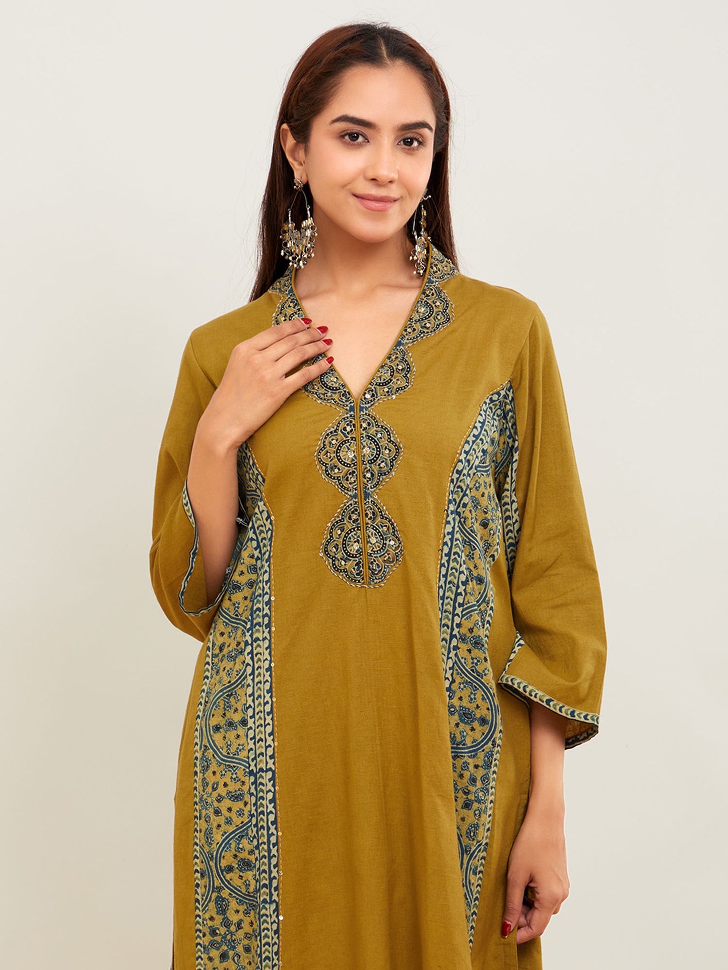 Green Ajrakh Patch Work Cotton Kurta with Pants- Set of 2