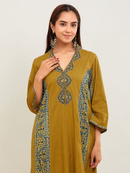 Green Ajrakh Patch Work Cotton Kurta with Pants- Set of 2