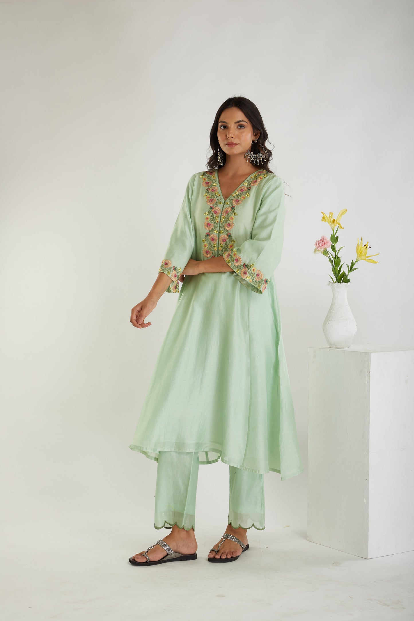Light Green Chanderi Floral Embroidered Suit Set-Set of 3