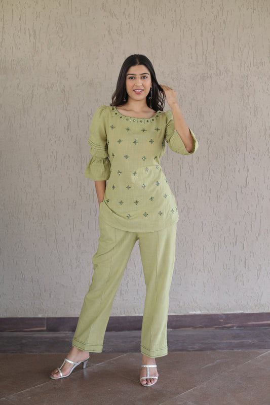 Green Embroidered Cotton Slub Co-ord Set