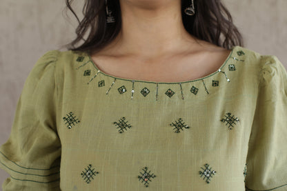 Green Embroidered Cotton Slub Co-ord Set