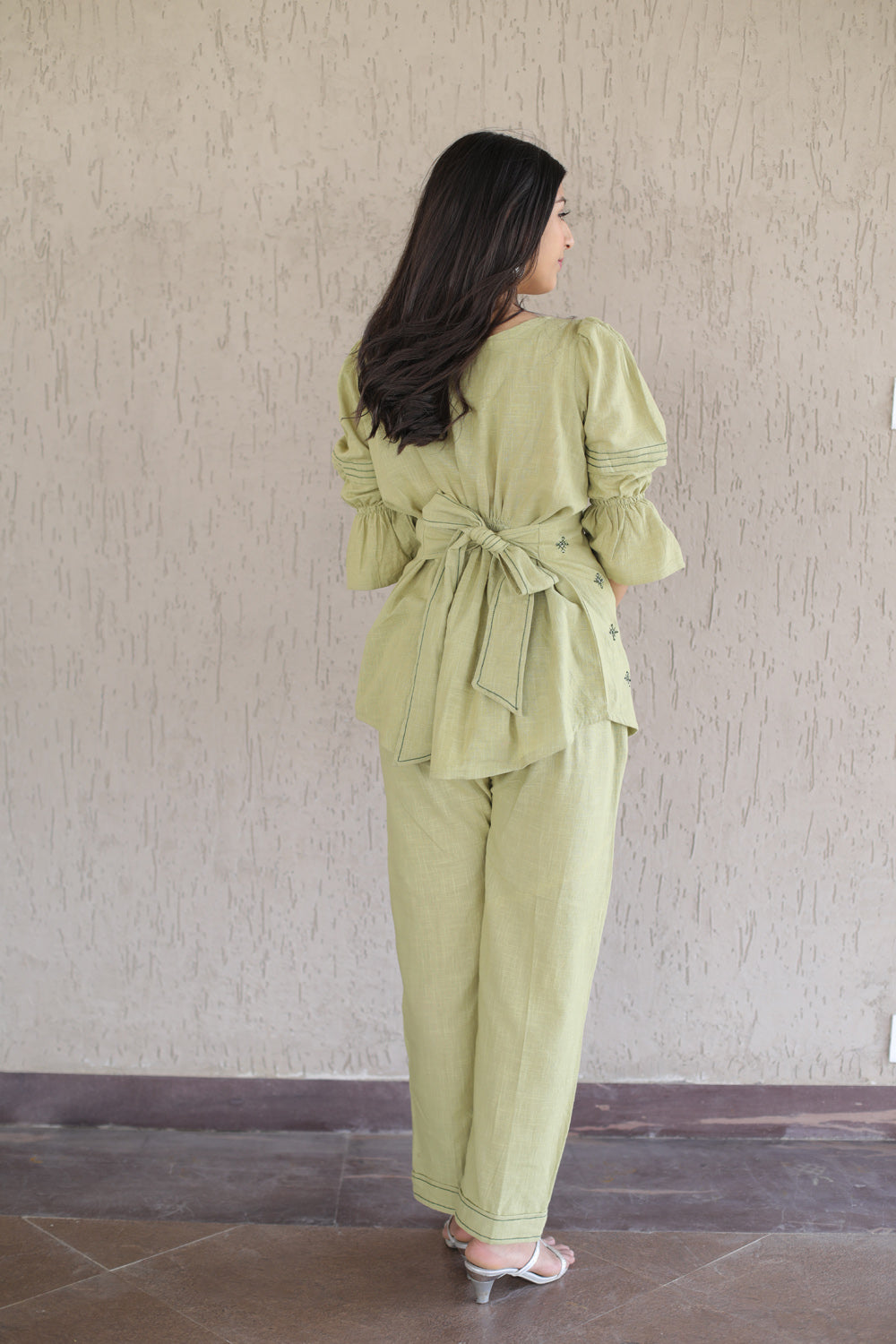 Green Embroidered Cotton Slub Co-ord Set