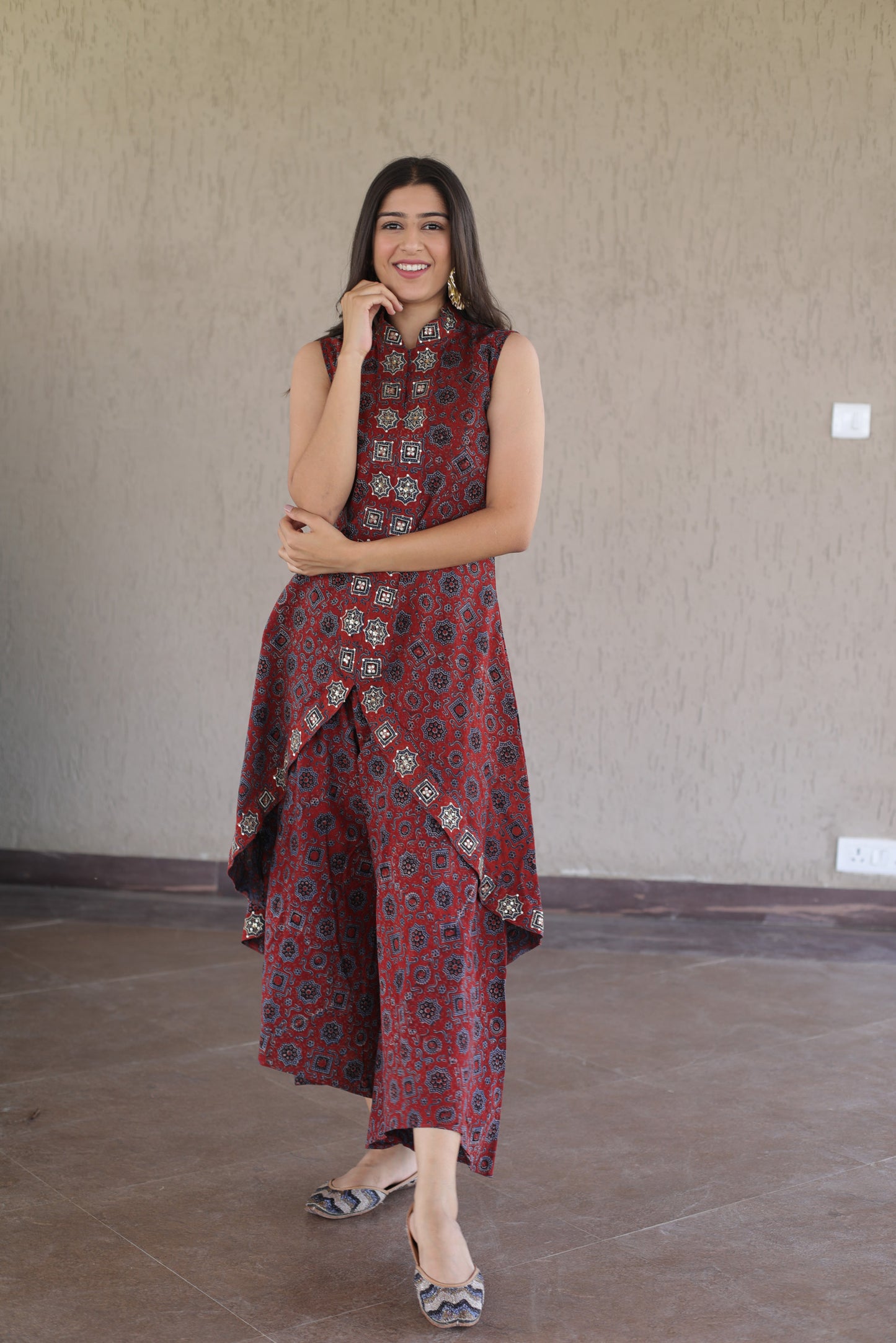 Marron hand embroidered Ajrakh cordset
