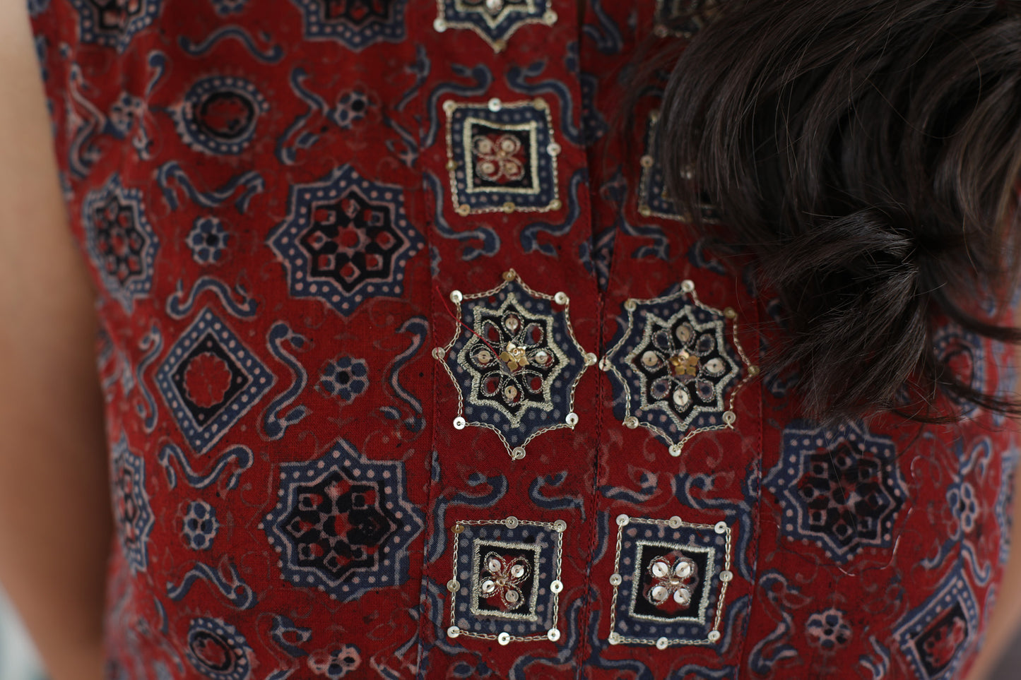 Marron hand embroidered Ajrakh cordset