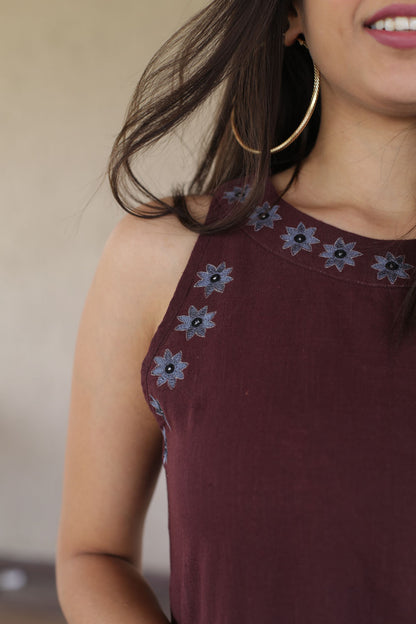 Brown Floral Embroidered Halter Neck Dress