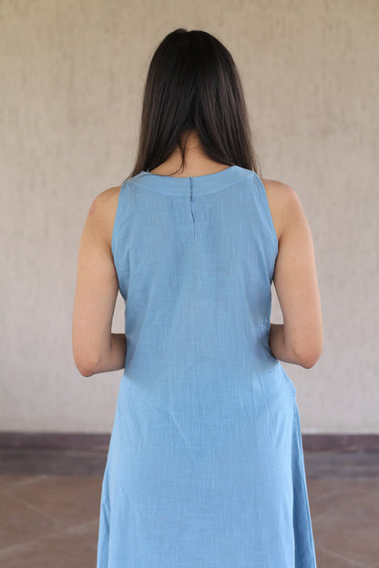 Blue Floral Embroidered Cotton Slub Dress