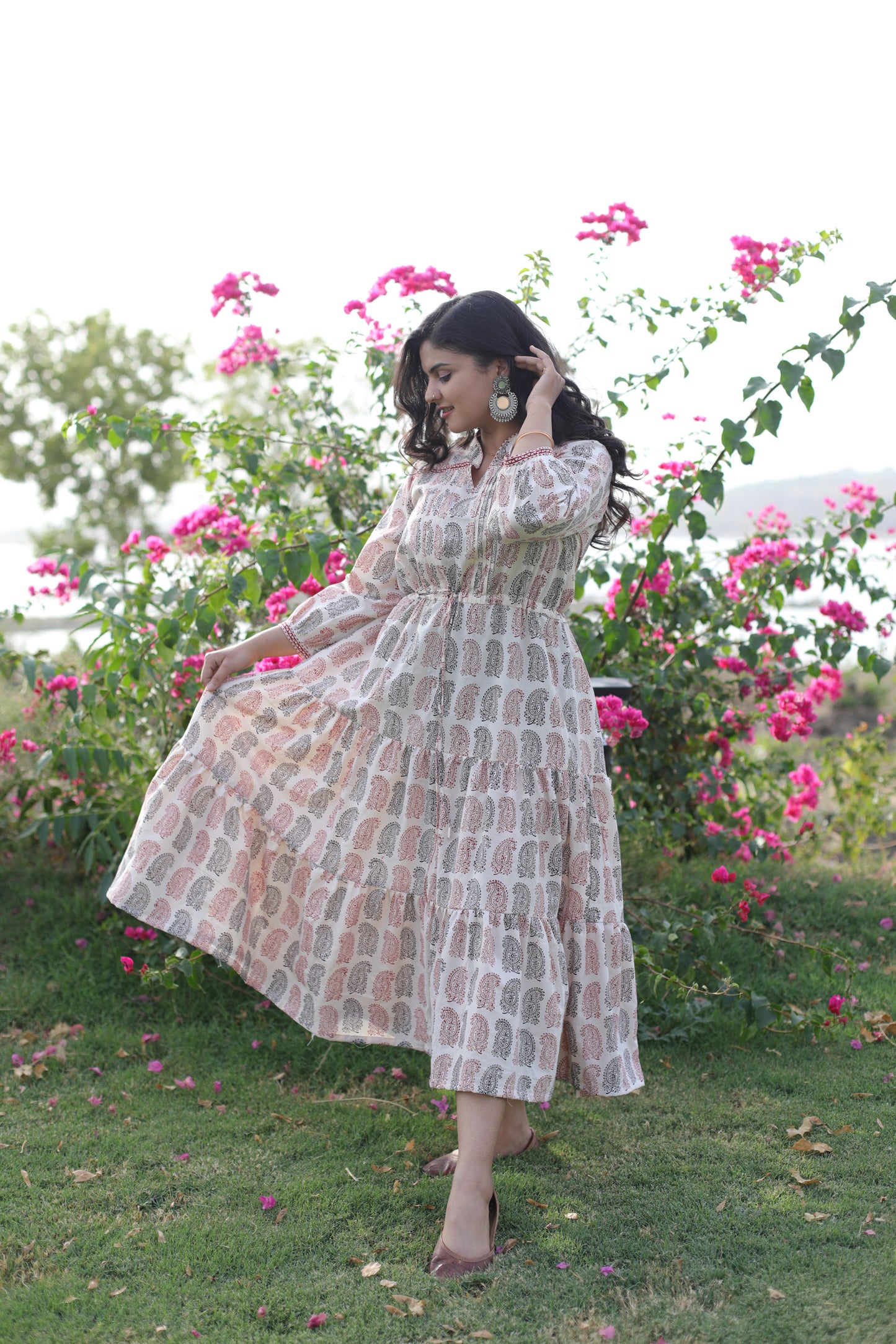 Bagh Print Off-white Paisley tier Dress