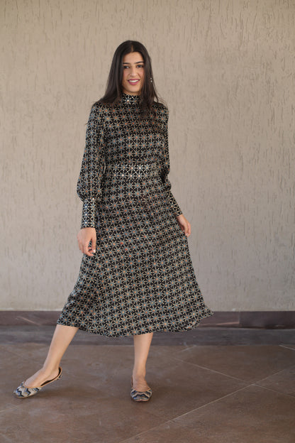 Black Star Print Modal Dress with Embellished High Neck , cuff and Belt