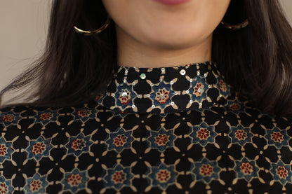 Black Star Print Modal Dress with Embellished High Neck , cuff and Belt
