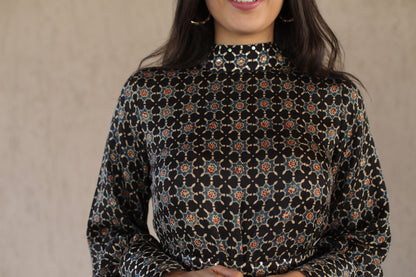 Black Star Print Modal Dress with Embellished High Neck , cuff and Belt