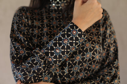 Black Star Print Modal Dress with Embellished High Neck , cuff and Belt