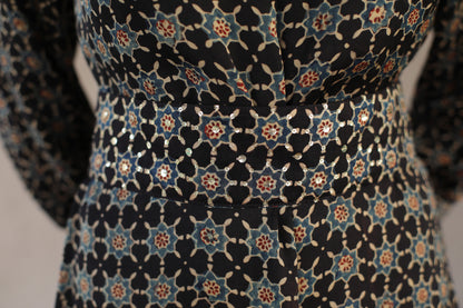 Black Star Print Modal Dress with Embellished High Neck , cuff and Belt
