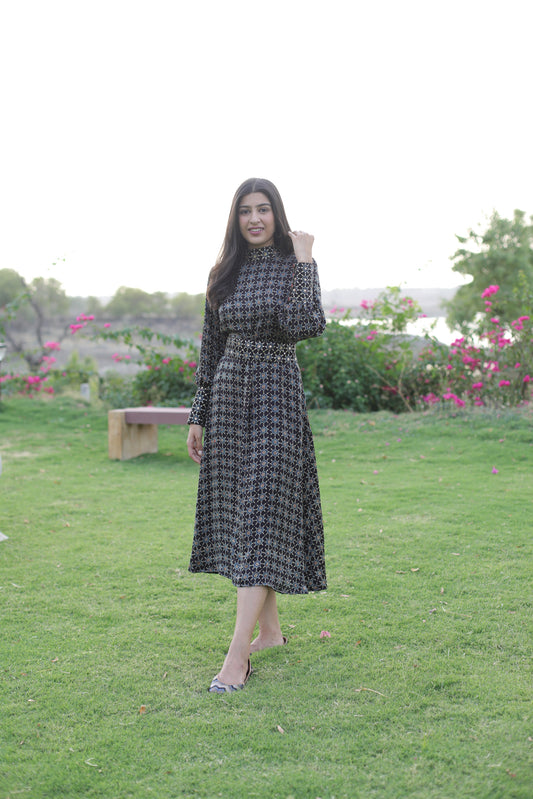 Black Star Print Modal Dress with Embellished High Neck , cuff and Belt