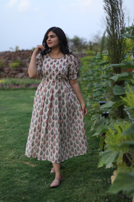White leaf print dress with hand embroidery on neck