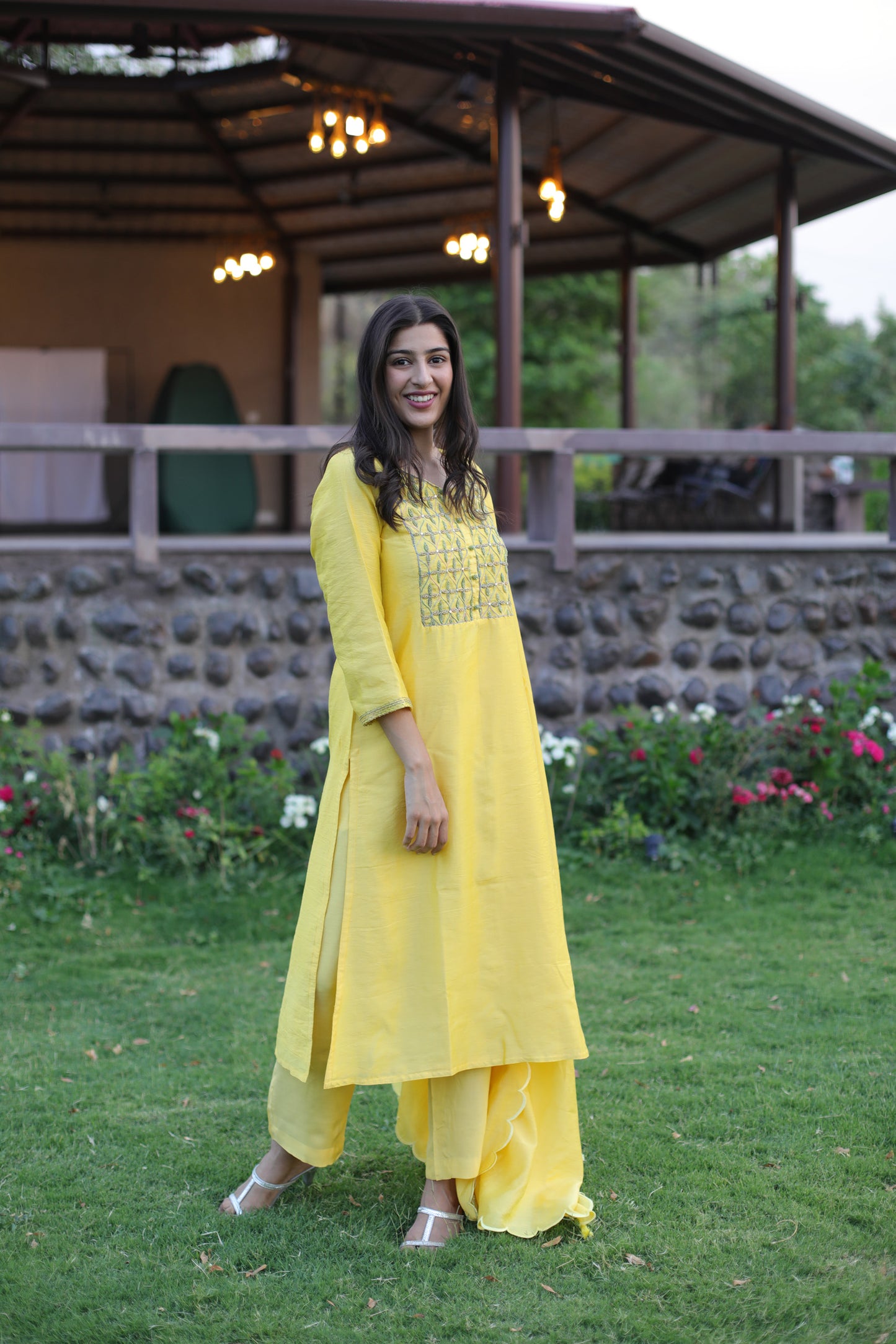 Yellow beaded Chanderi suitset