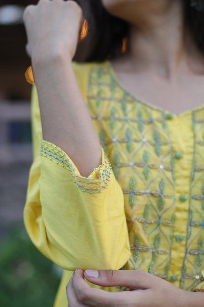 Yellow beaded Chanderi suitset