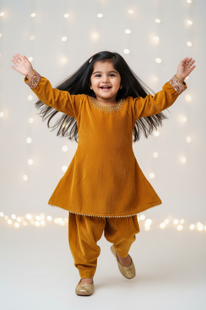 Mustard velvet Kurta with Salwar for Kids