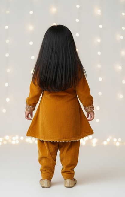 Mustard velvet Kurta with Salwar for Kids