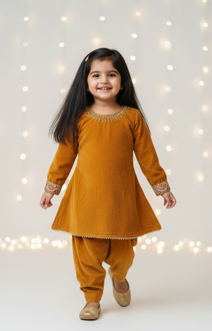 Mustard velvet Kurta with Salwar for Kids