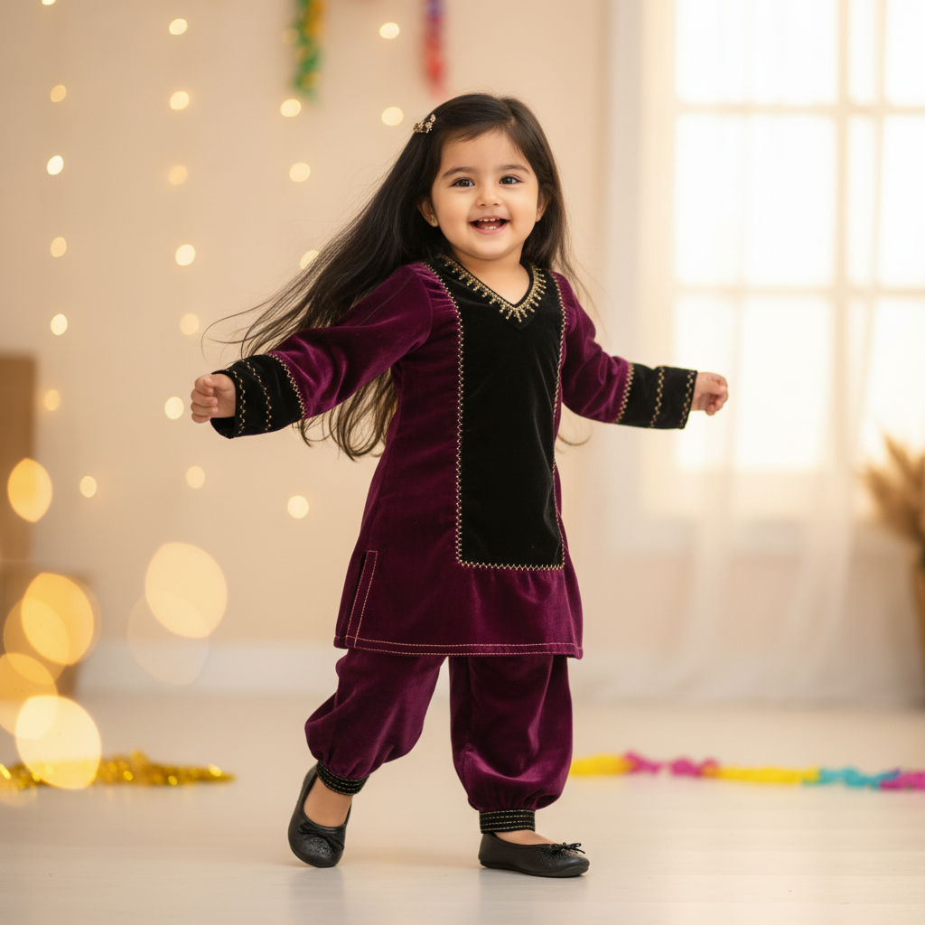 Purple High Neck Velvet Kid Kurta With Afgani Pant