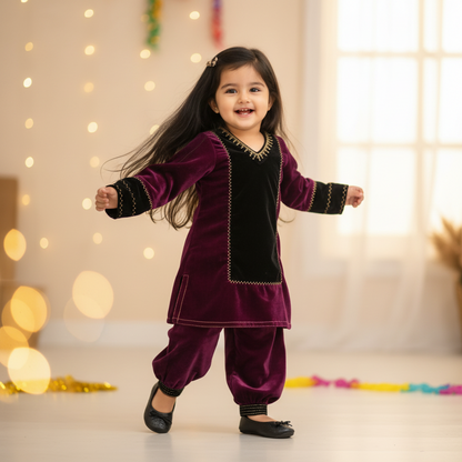 Purple High Neck Velvet Kid Kurta With Afgani Pant