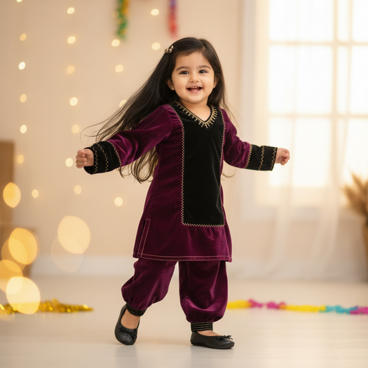 Purple High Neck Velvet Kid Kurta With Afgani Pant