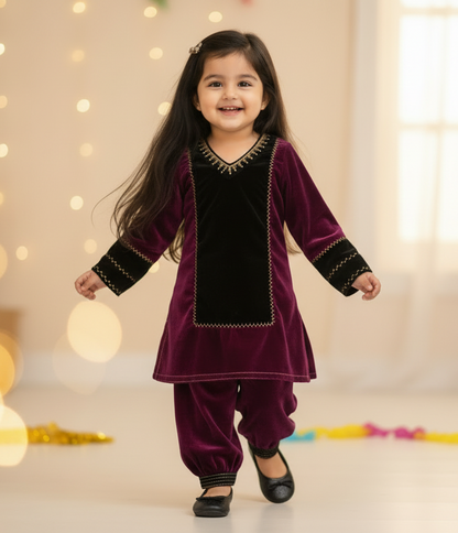 Purple High Neck Velvet Kid Kurta With Afgani Pant
