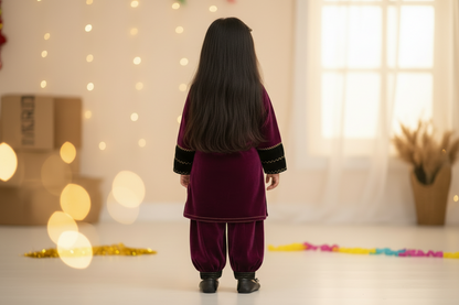 Purple High Neck Velvet Kid Kurta With Afgani Pant