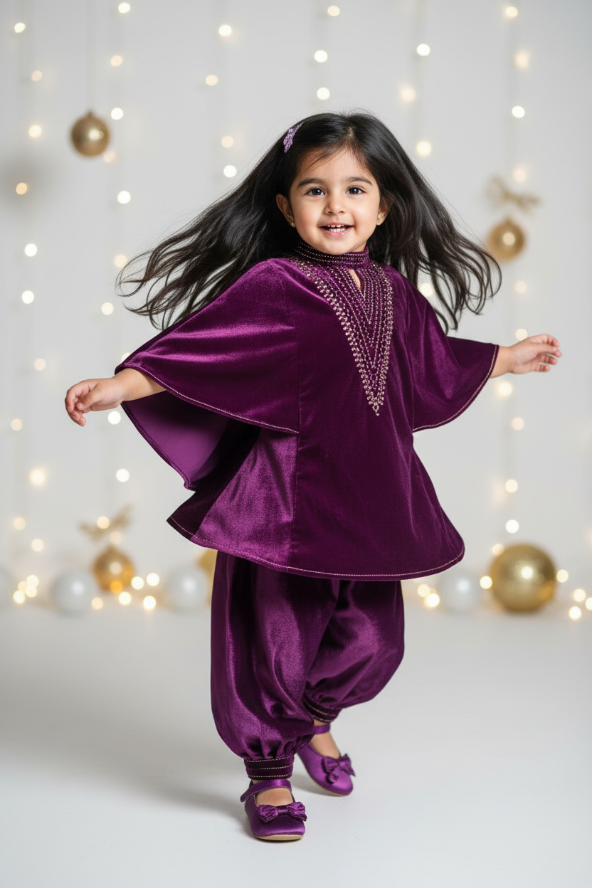 Purple high neck Cape style Velvet Co-ordset for Kids