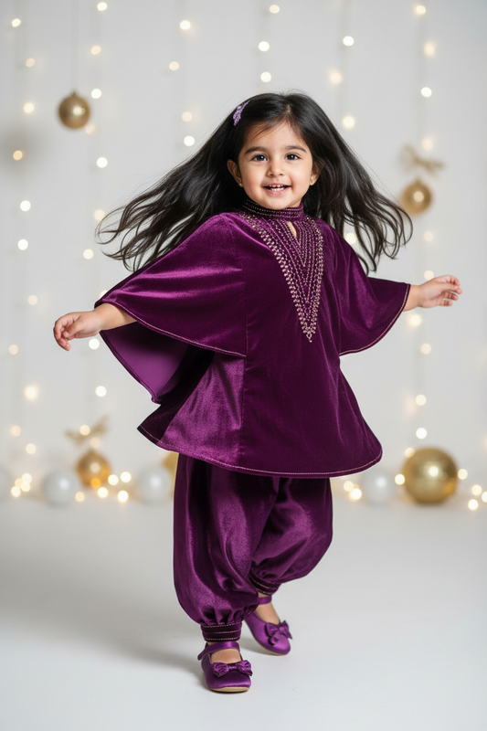 Purple high neck Cape style Velvet Co-ordset for Kids