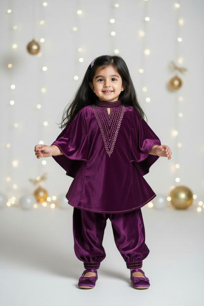 Purple high neck Cape style Velvet Co-ordset for Kids
