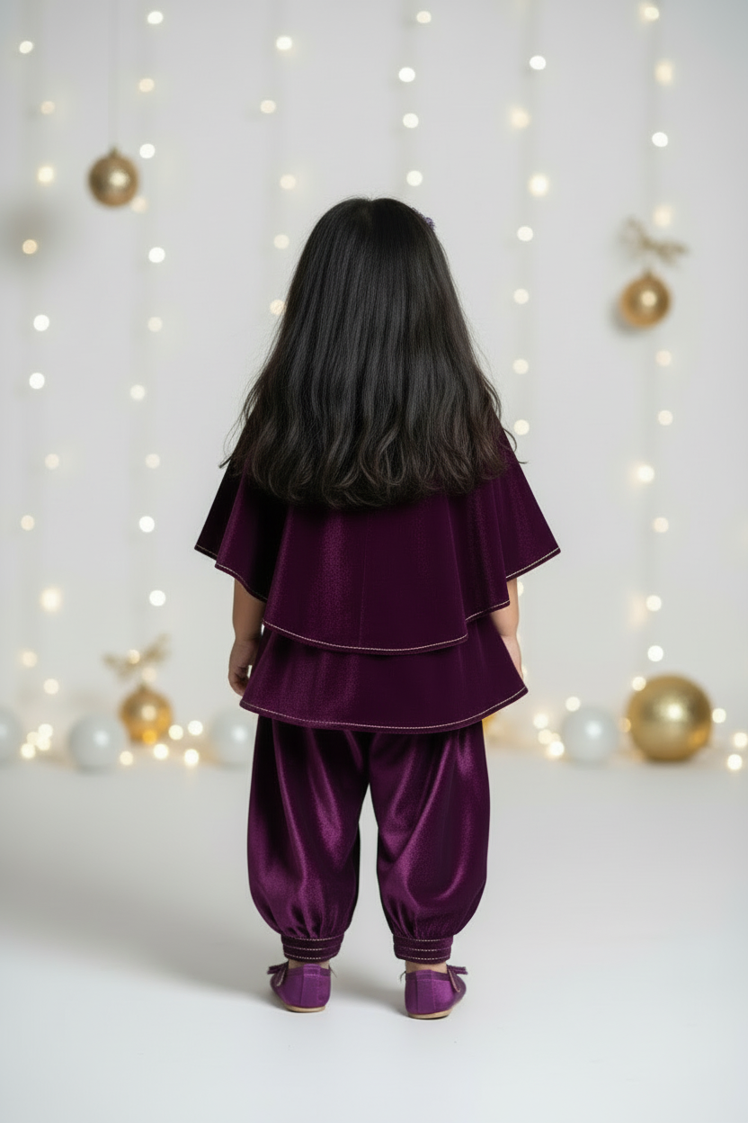 Purple high neck Cape style Velvet Co-ordset for Kids