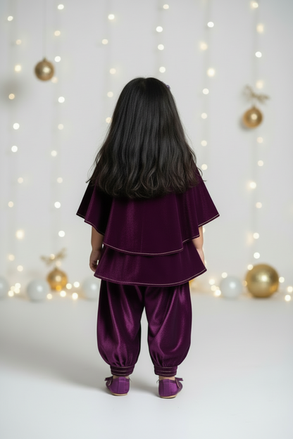 Purple high neck Cape style Velvet Co-ordset for Kids