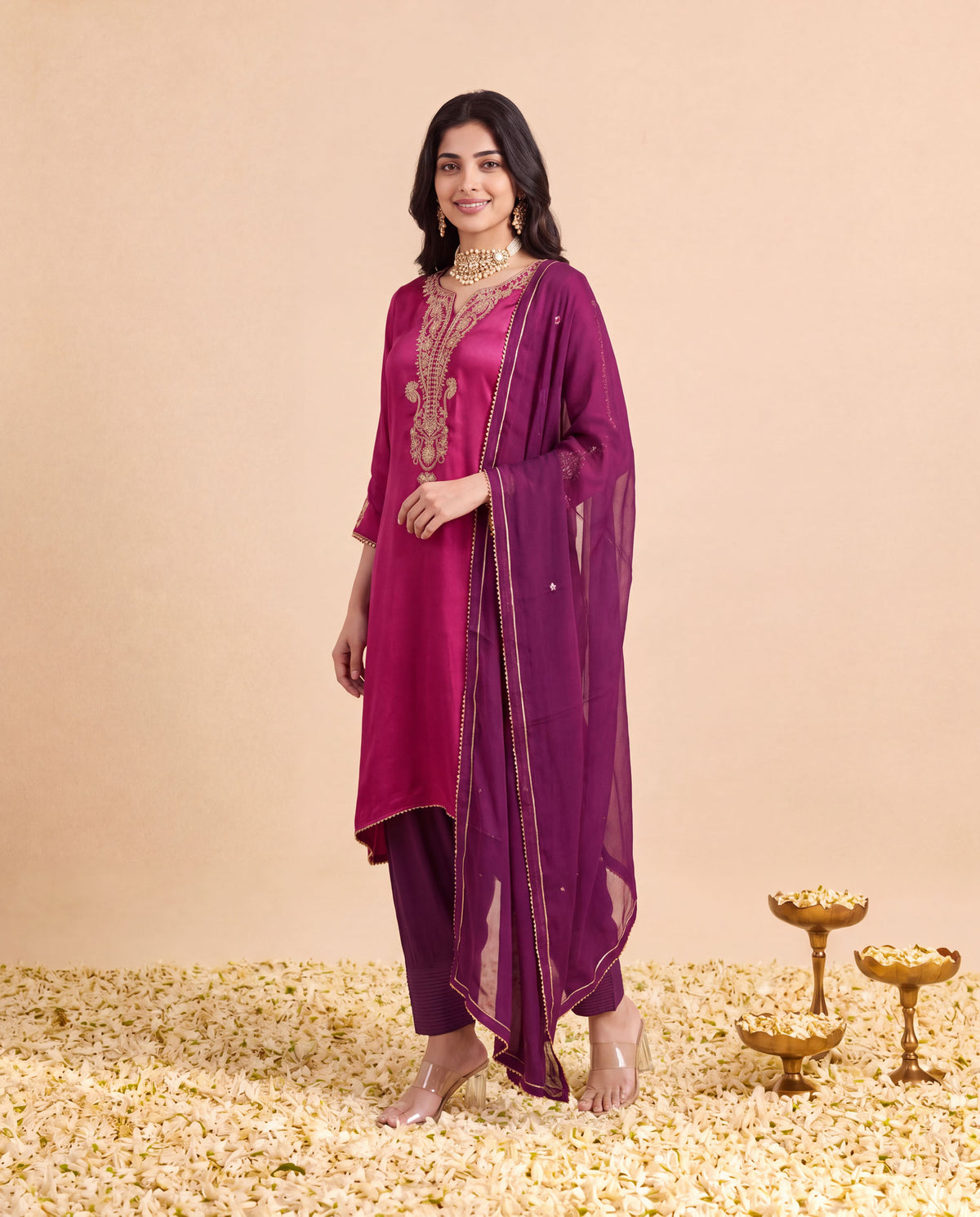Rasberry Modal Satin suit with Burgundy Farshi salwar set and Burgundy Georget Dupatta