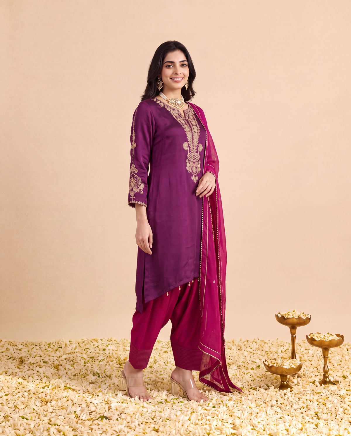 Burgundy Modal Satin suit with Magenta Farshi salwar set and Magenta Georget Dupatta