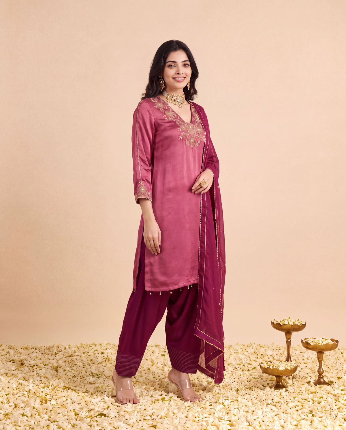 Rose Gold Modal Satin suit with Maroon Farshi salwar set and Maroon Georget Dupatta