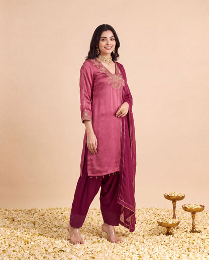 Rose Gold Modal Satin suit with Maroon Farshi salwar set and Maroon Georget Dupatta