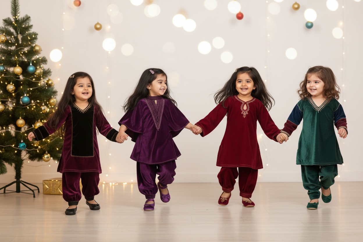 Purple High Neck Velvet Kid Kurta With Afgani Pant