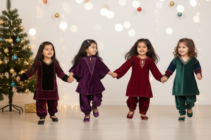 Purple High Neck Velvet Kid Kurta With Afgani Pant