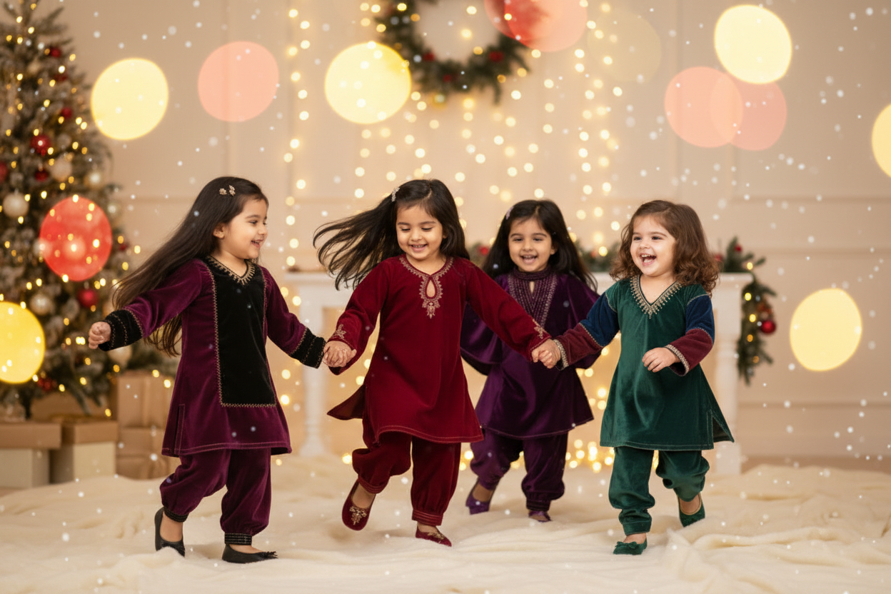 Marron Kids Velvet Zari Embroidered