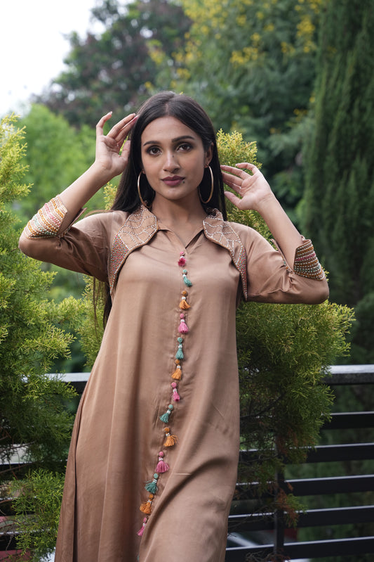 Beige modal Hand Embroidered Co-ord set