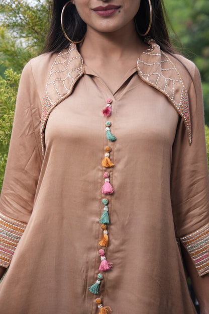 Beige modal Hand Embroidered Co-ord set