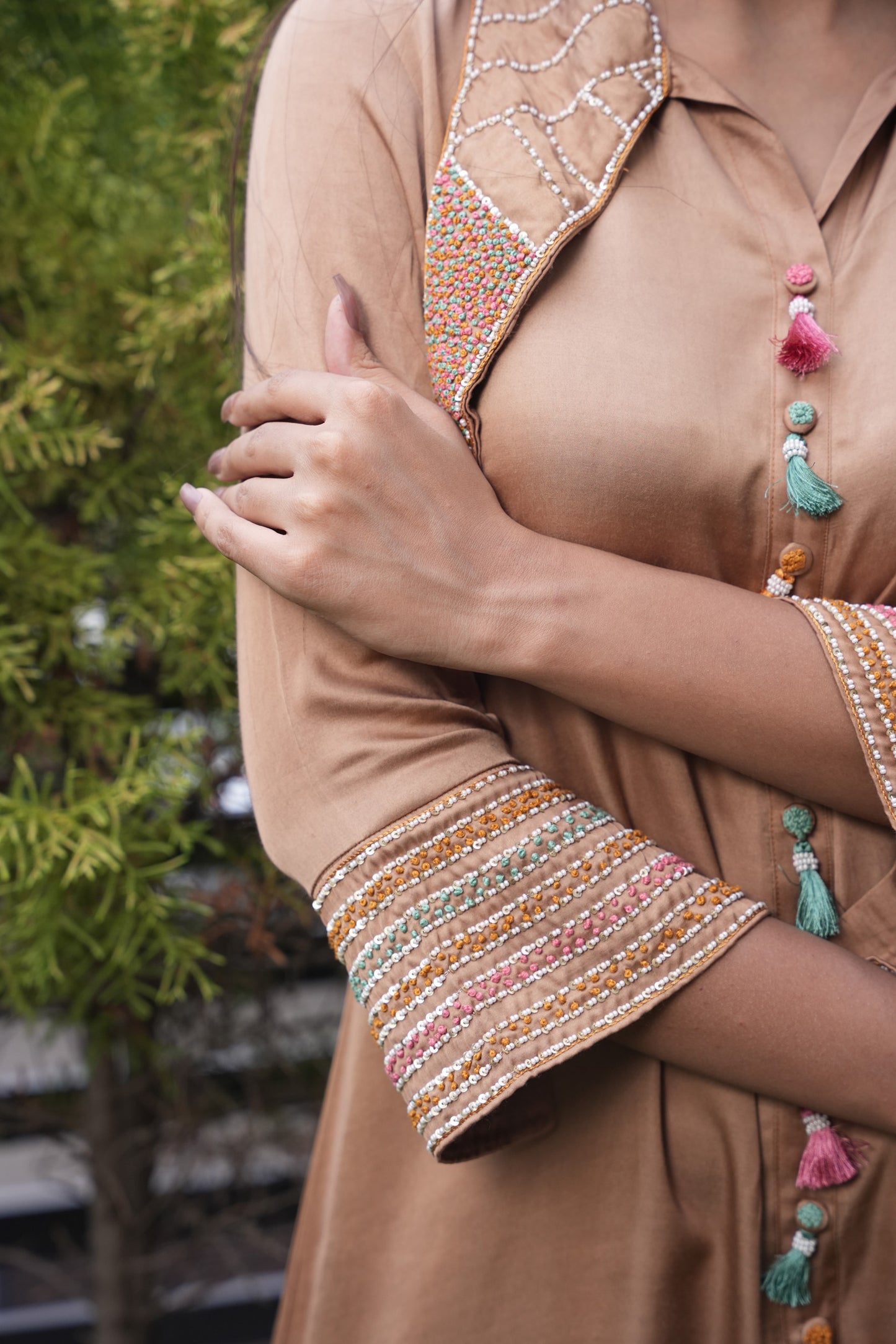 Beige modal Hand Embroidered Co-ord set
