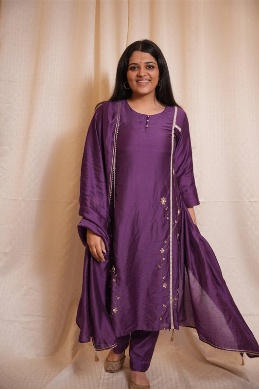 Purple Chanderi Lace Work Gotta Patti Kurta And Pant